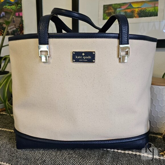 Kate Spade Oliver Street Canvas Tote – Natural/Navy - Picture 1 of 15